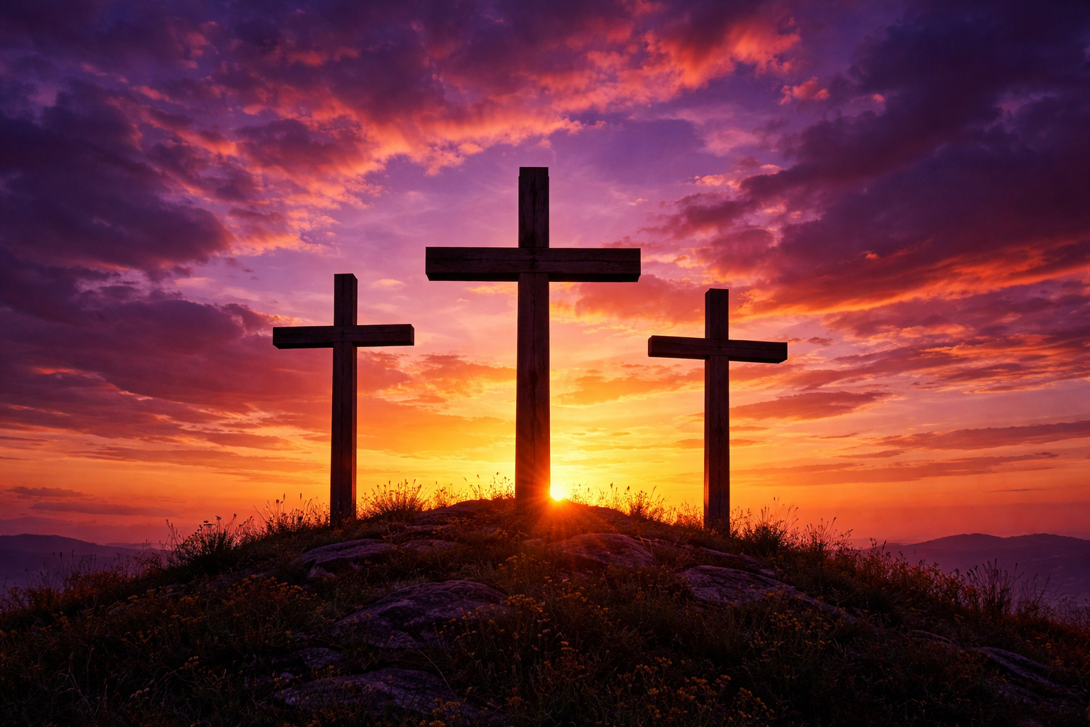 Easter Bible trivia questions printable - three crosses at sunset