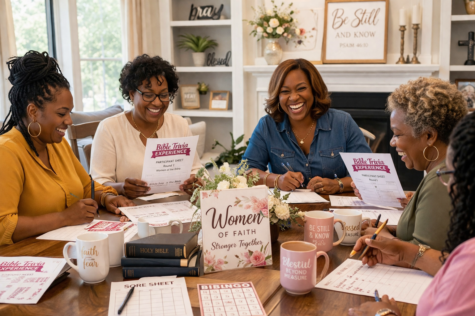 Women's ministry group playing Bible Trivia Experience with score sheets, BINGO cards and Bibles on a wooden table