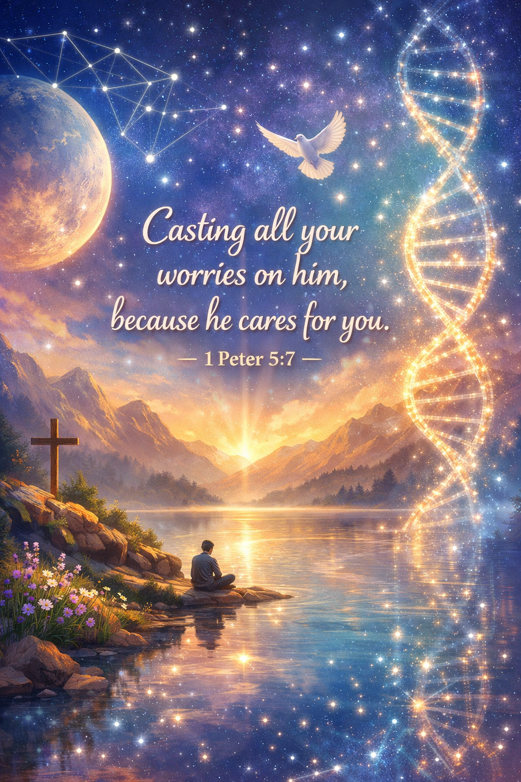 Bible verse about anxiety — Casting all your worries on him, because he cares for you. 1 Peter 5:7