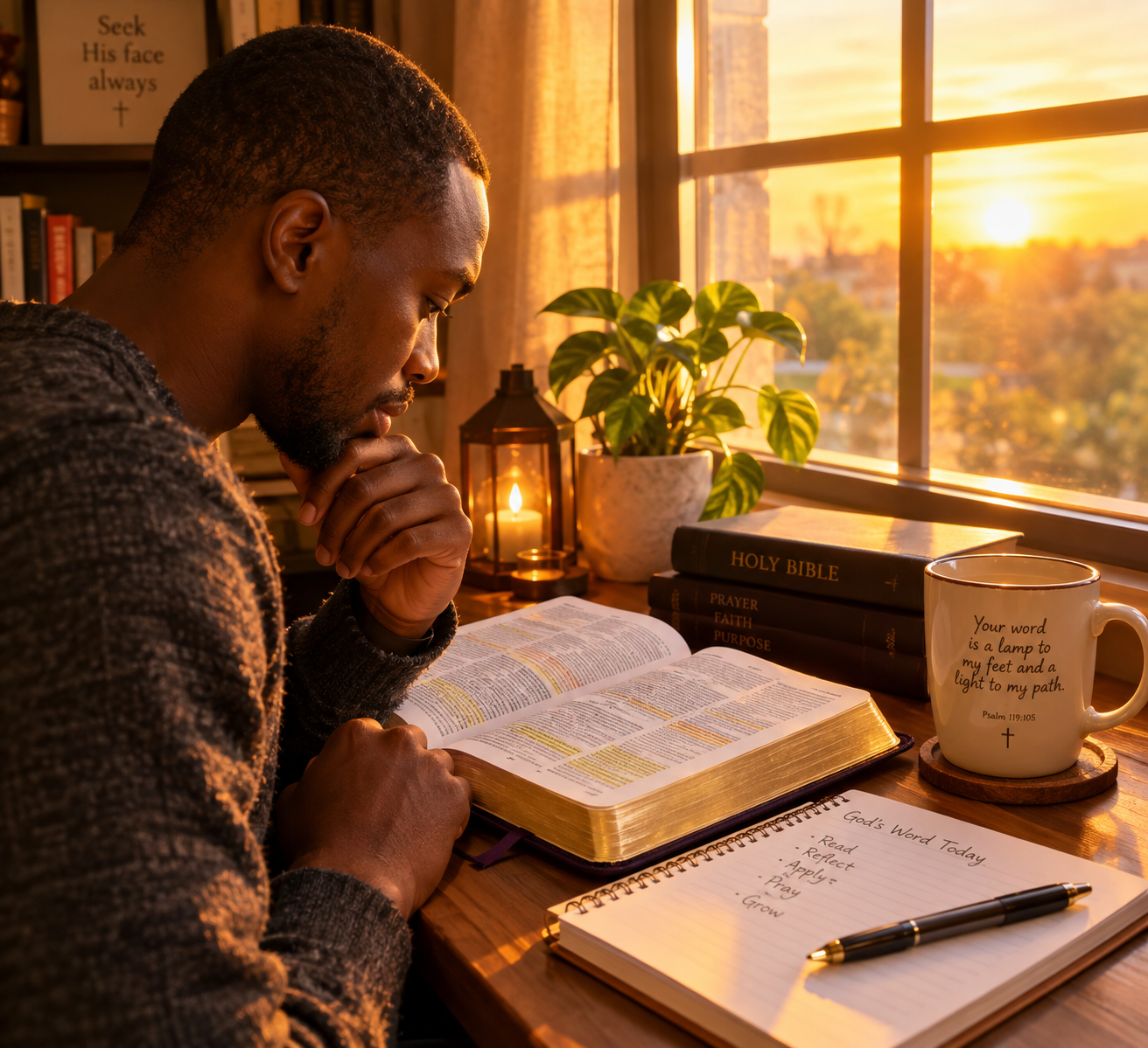 Man reading his Bible at a sunlit desk with coffee and a notebook reading Read, Reflect, Pray, Grow