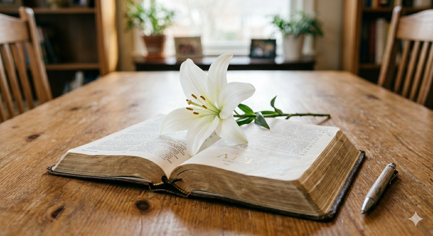 Open Bible with Easter lily - Christ-centered Easter treasure hunt for Sunday School kids