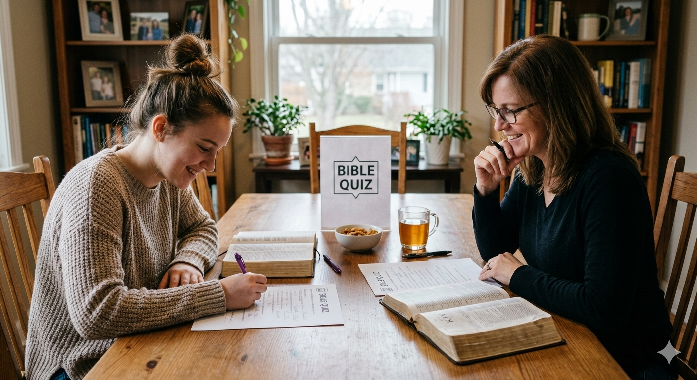 Sunday School teacher and student doing Easter Bible trivia together at home