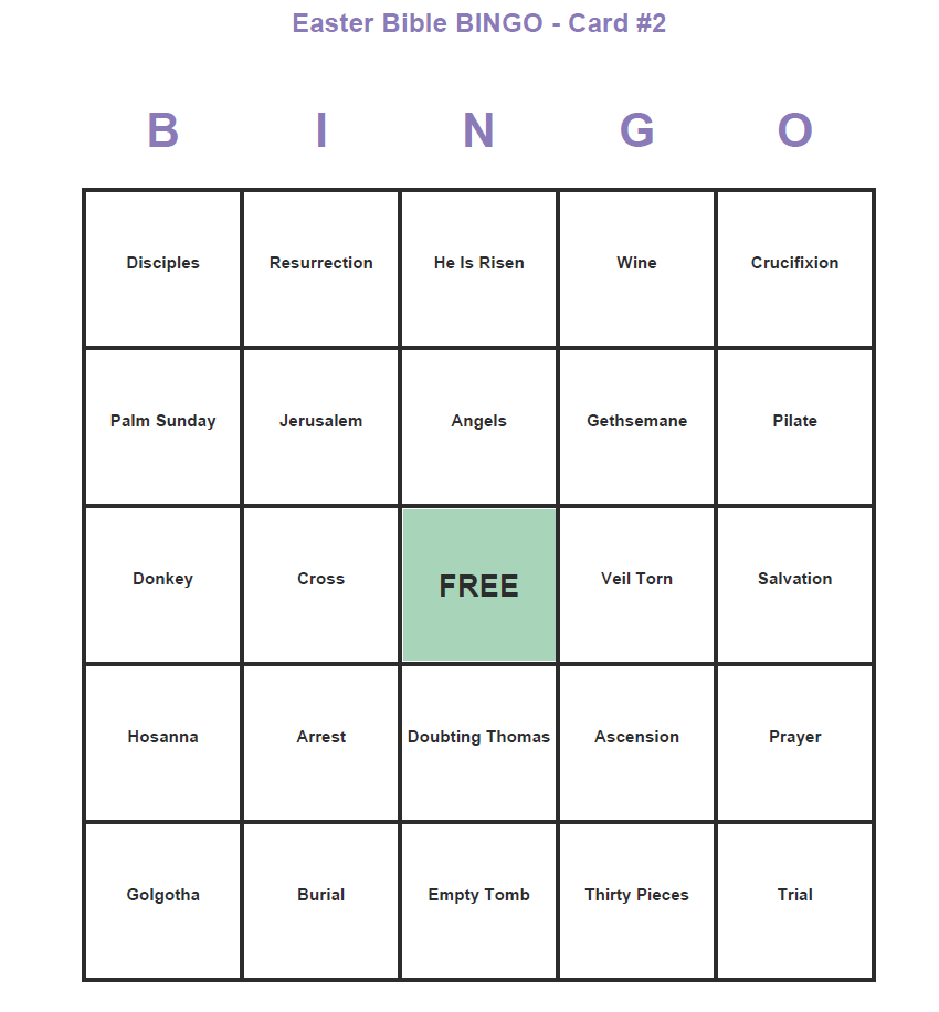 Free Easter Bible BINGO sample card printable - Card #2 with KJV terms