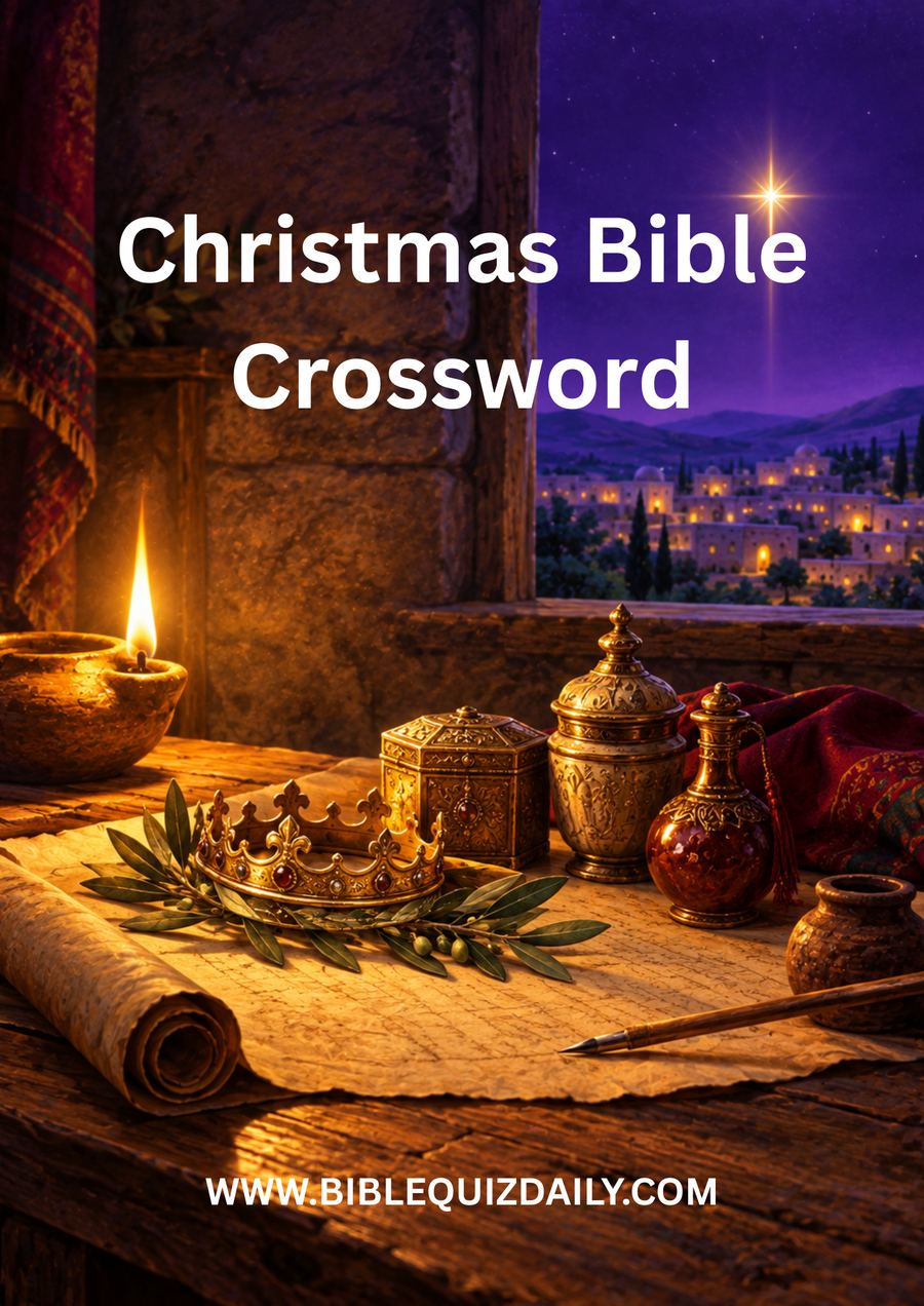 Christmas Bible Crossword printable cover — crown, incense, and scroll with the star of Bethlehem