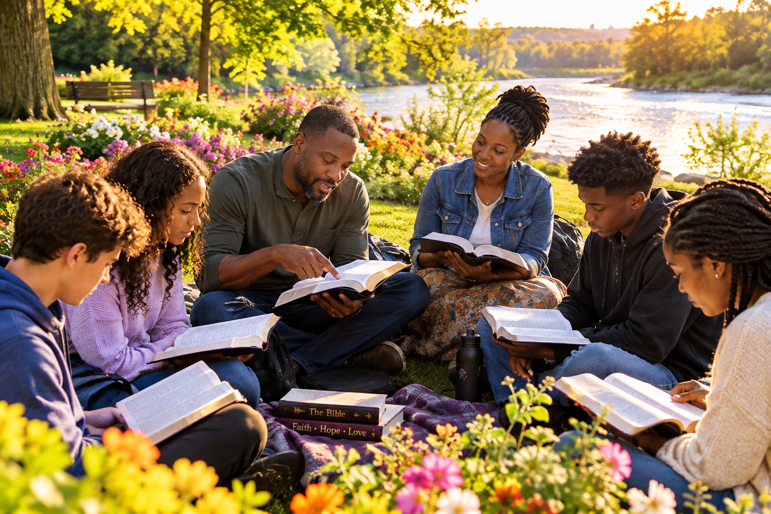Family and friends reading their Bibles together outdoors in a garden