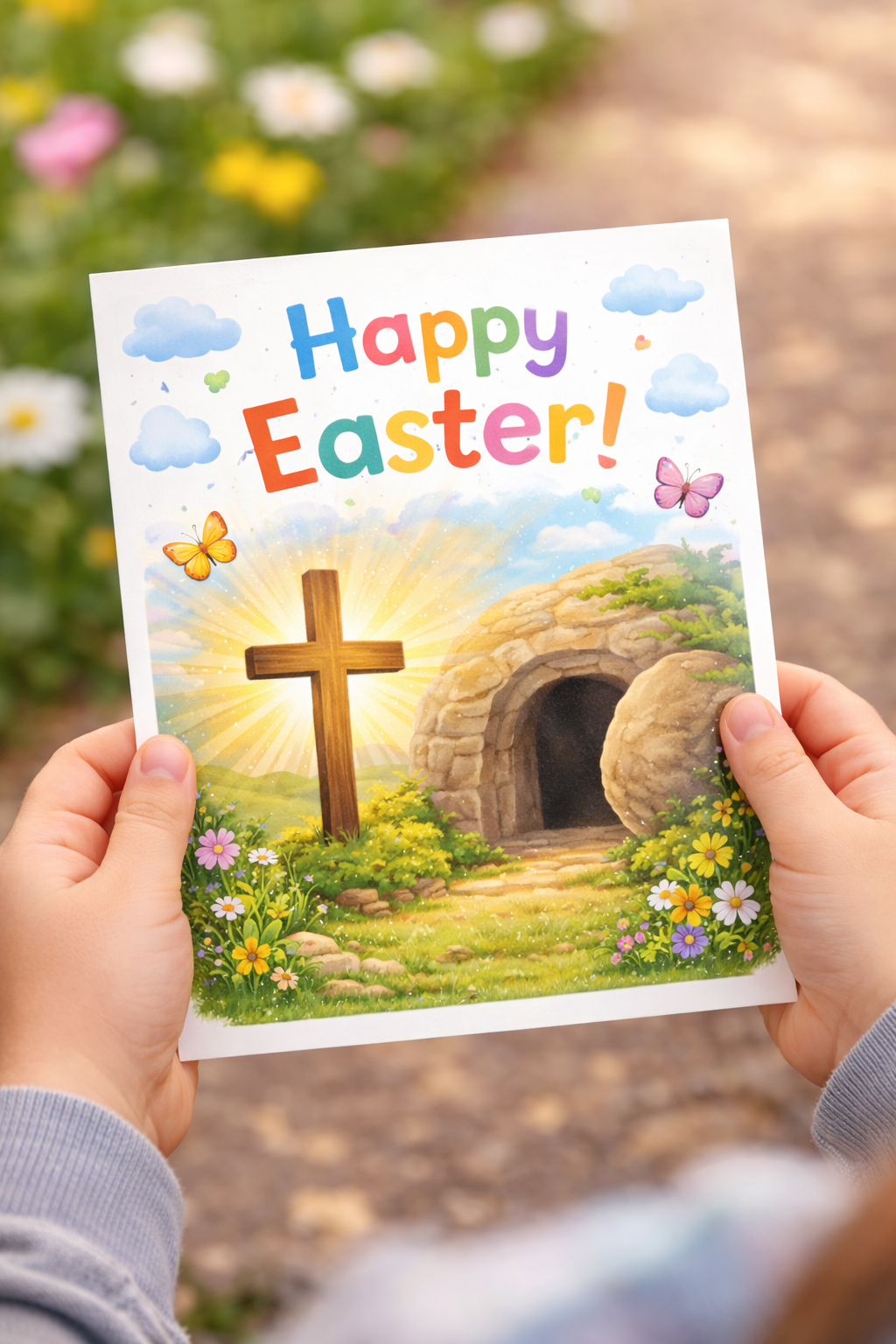 Easter Sunday school activities printable 2026 - child holding Christ-centered Easter card with cross and empty tomb