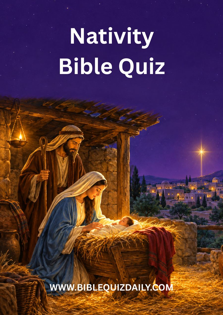 Nativity Bible Quiz printable cover — Mary, Joseph, and baby Jesus in a stable