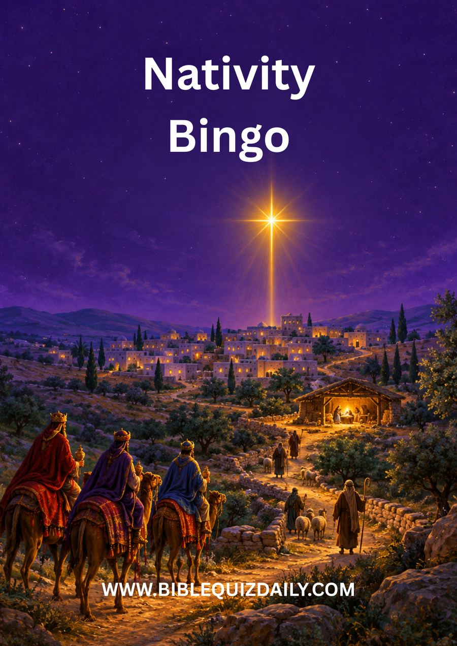Nativity Bingo printable cover — wise men following the star to Bethlehem