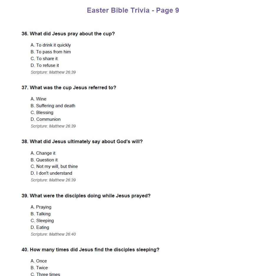 Sample page from Easter Bible Trivia printable PDF showing multiple choice questions with KJV references